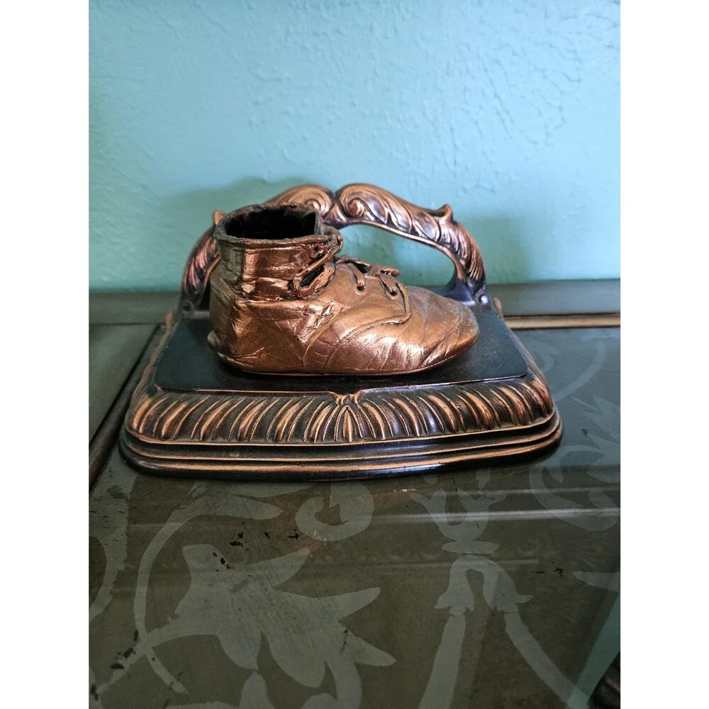 Vintage Copper Color Cast Iron Book Ends Bronze Tone Pair Of Baby Shoes Bookends